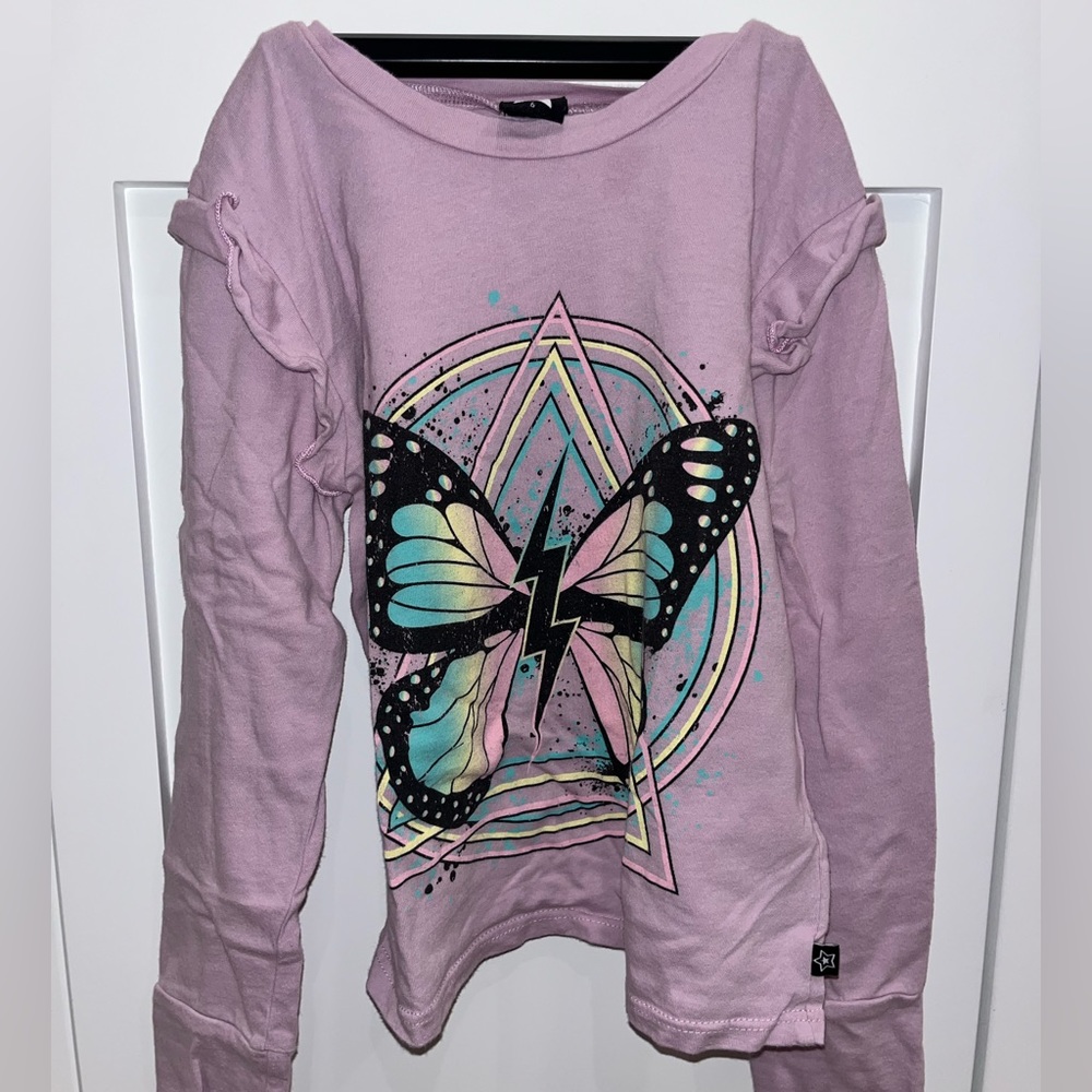 Pixie Lane long sleeve cotton shirt in lavender with butterfly graphic